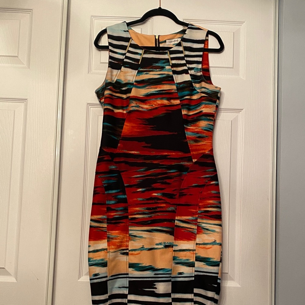 Calvin Klein Red and Black Patterned Midi Dress